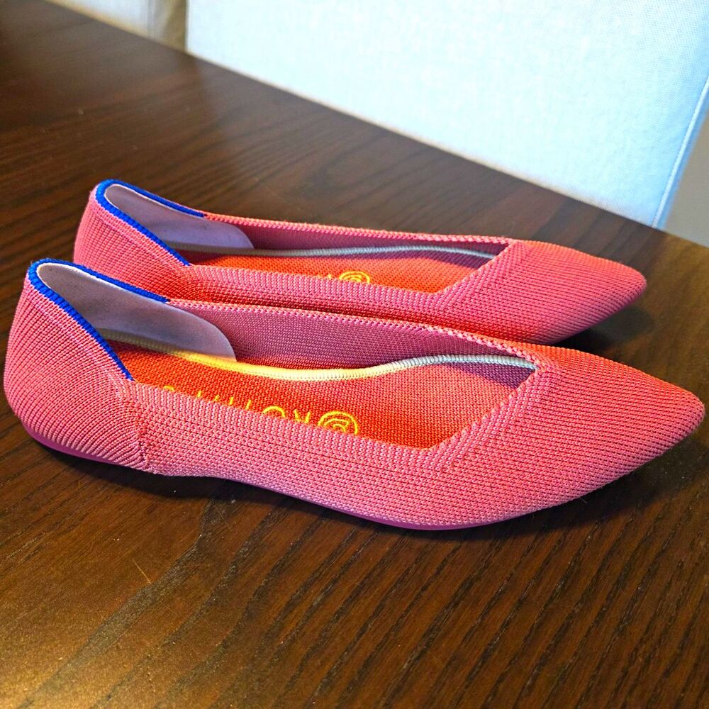 Rothys The Point Flats Womens 7.5 Coral Pink Blue Trim Knit Ballet Shoes Retired